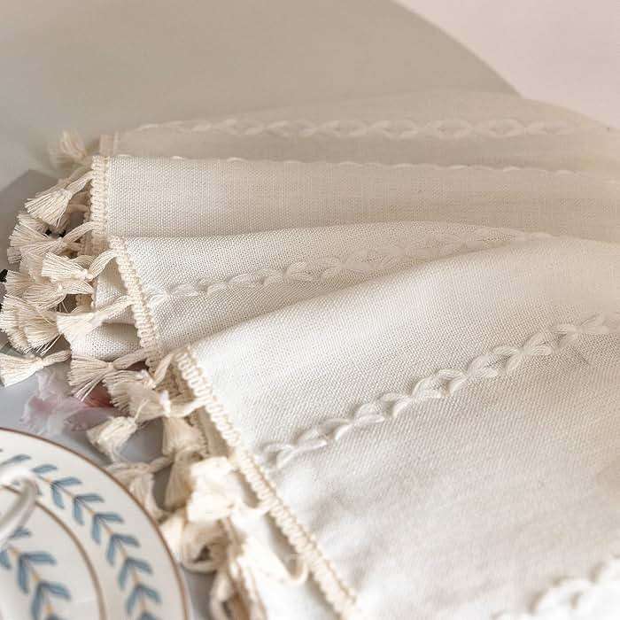 Deeprove White Boho Curtains 84 Inches Long for Bedroom Living Room, Cream Chic Linen Cotton Embroidered Semi Blackout Bohemian Farmhouse Window Treatment Drape Vintage Tassels, 1 Panel W52 x L84 - Image 3