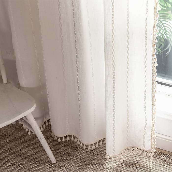 Deeprove White Boho Curtains 84 Inches Long for Bedroom Living Room, Cream Chic Linen Cotton Embroidered Semi Blackout Bohemian Farmhouse Window Treatment Drape Vintage Tassels, 1 Panel W52 x L84 - Image 4