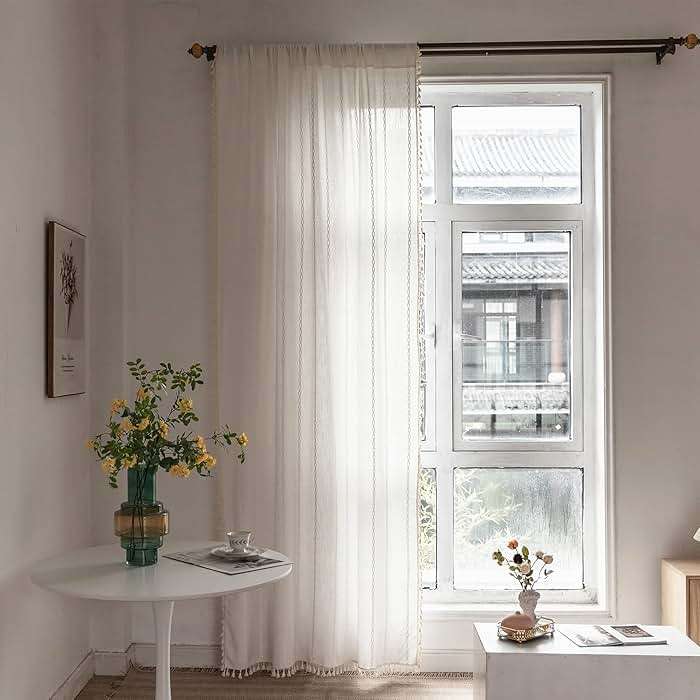 Deeprove White Boho Curtains 84 Inches Long for Bedroom Living Room, Cream Chic Linen Cotton Embroidered Semi Blackout Bohemian Farmhouse Window Treatment Drape Vintage Tassels, 1 Panel W52 x L84 - Image 6