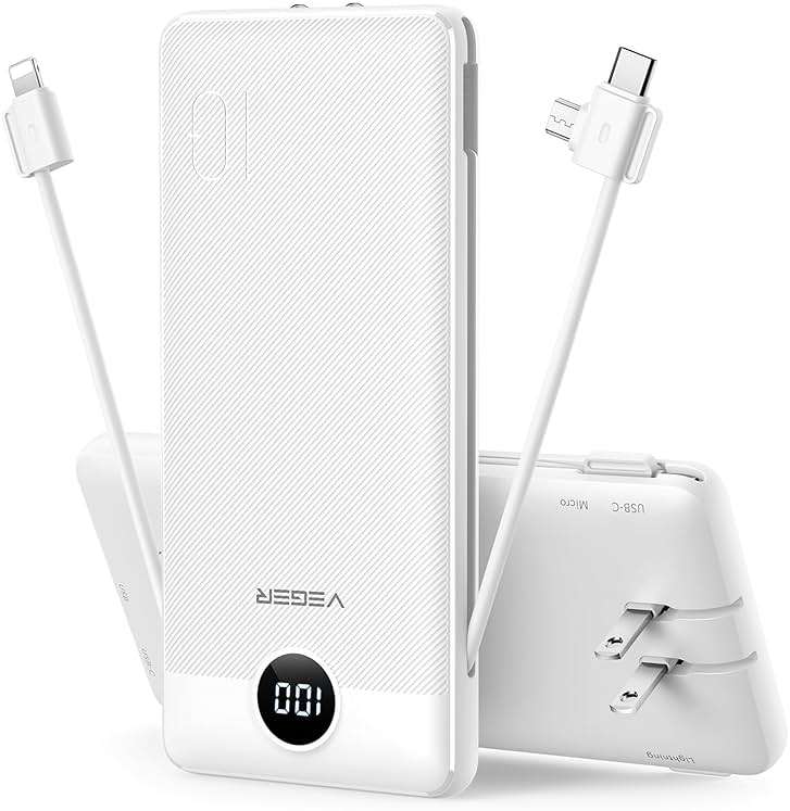 VEGER Portable Charger with Built-in AC Plug and Cables, All in One 10000mAh Ultra Slim Power Bank Travel Essentials, Fast Charging Battery Pack Compatible with iPhone, Samsung, Android, White - Image 1