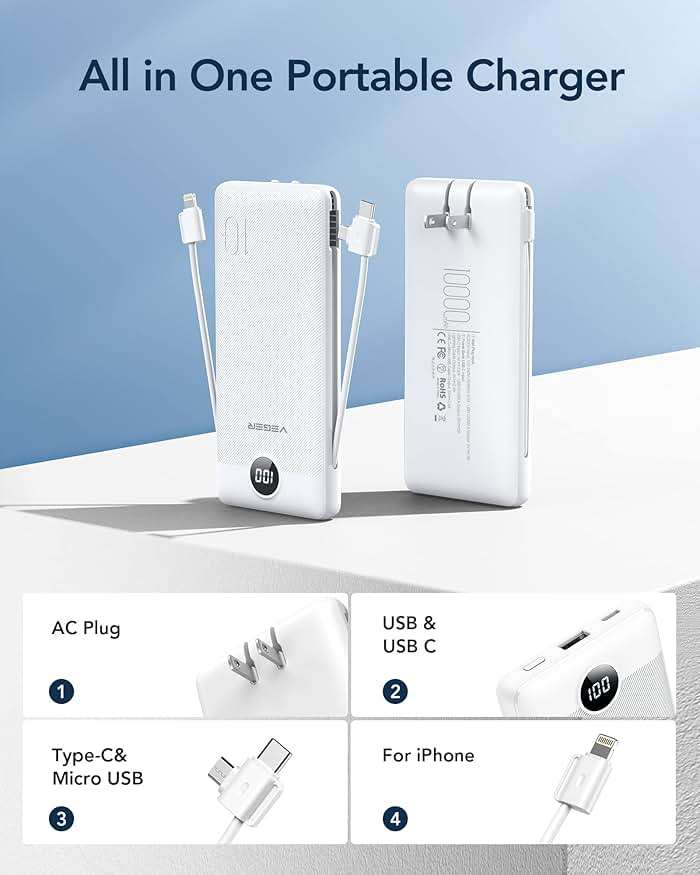 VEGER Portable Charger with Built-in AC Plug and Cables, All in One 10000mAh Ultra Slim Power Bank Travel Essentials, Fast Charging Battery Pack Compatible with iPhone, Samsung, Android, White - Image 2
