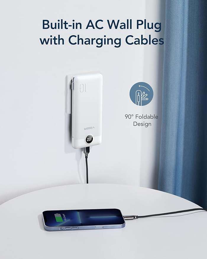 VEGER Portable Charger with Built-in AC Plug and Cables, All in One 10000mAh Ultra Slim Power Bank Travel Essentials, Fast Charging Battery Pack Compatible with iPhone, Samsung, Android, White - Image 3
