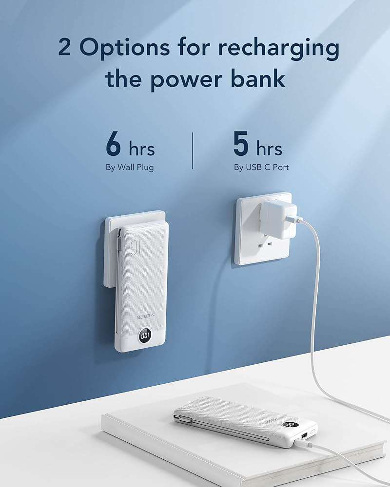 VEGER Portable Charger with Built-in AC Plug and Cables, All in One 10000mAh Ultra Slim Power Bank Travel Essentials, Fast Charging Battery Pack Compatible with iPhone, Samsung, Android, White - Image 5