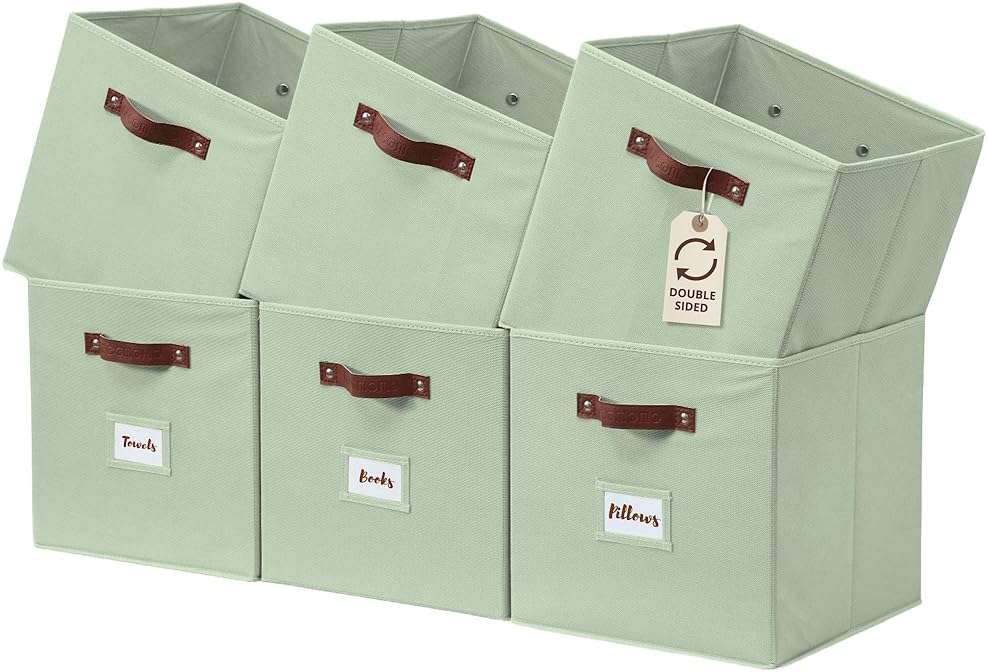 DECOMOMO Storage Bins, Cube Storage Bin with Labels, Fabric Storage Cubes for Shelves (10.5" x 11" / 6pcs, Sage Green) - Image 1