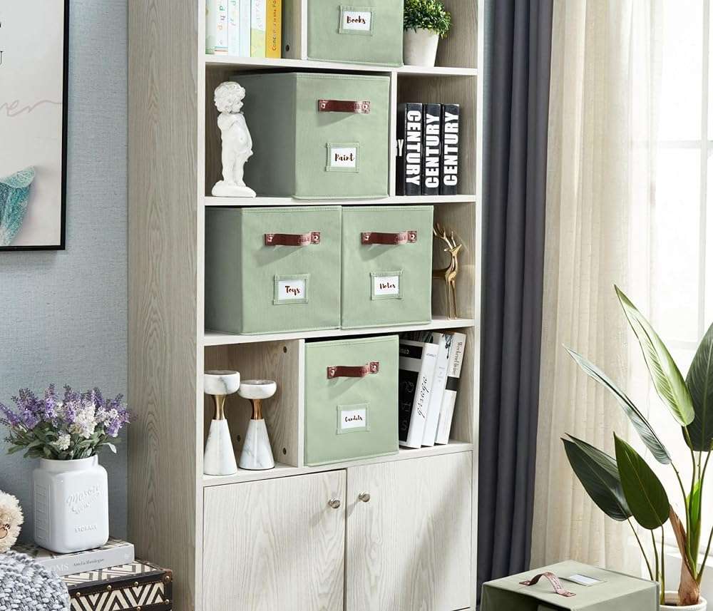 DECOMOMO Storage Bins, Cube Storage Bin with Labels, Fabric Storage Cubes for Shelves (10.5" x 11" / 6pcs, Sage Green) - Image 2