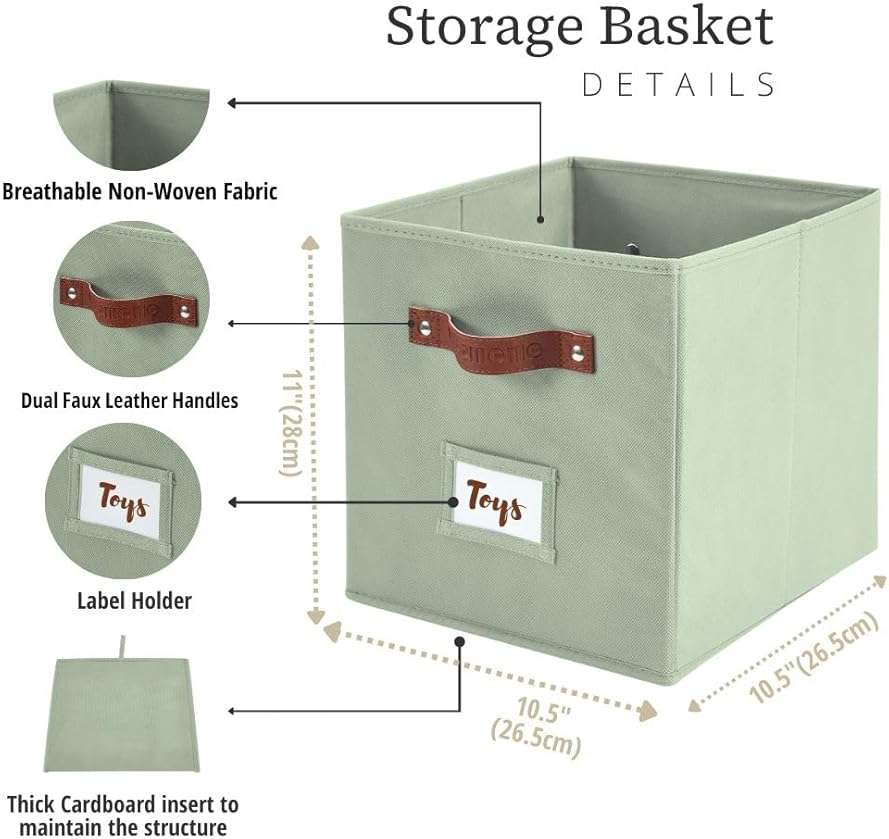 DECOMOMO Storage Bins, Cube Storage Bin with Labels, Fabric Storage Cubes for Shelves (10.5" x 11" / 6pcs, Sage Green) - Image 3