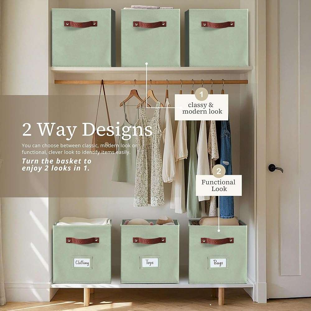 DECOMOMO Storage Bins, Cube Storage Bin with Labels, Fabric Storage Cubes for Shelves (10.5" x 11" / 6pcs, Sage Green) - Image 4