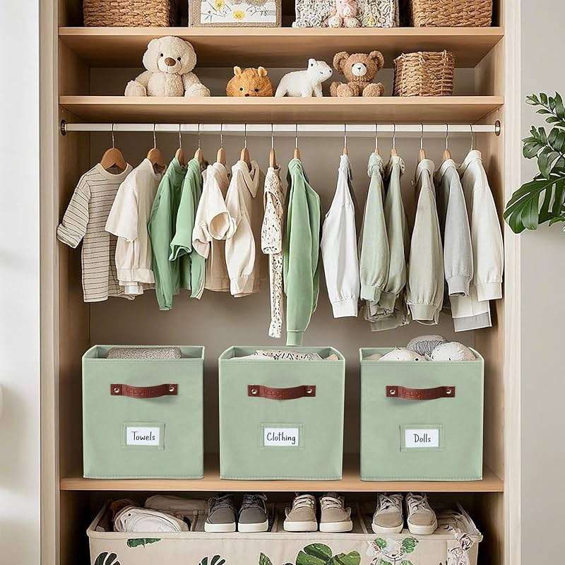 DECOMOMO Storage Bins, Cube Storage Bin with Labels, Fabric Storage Cubes for Shelves (10.5" x 11" / 6pcs, Sage Green) - Image 7