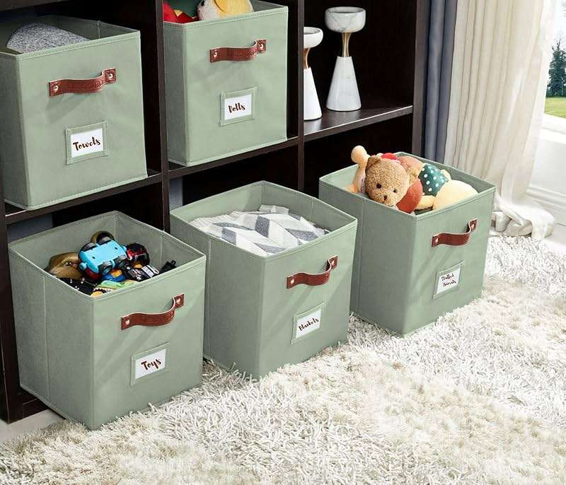 DECOMOMO Storage Bins, Cube Storage Bin with Labels, Fabric Storage Cubes for Shelves (10.5" x 11" / 6pcs, Sage Green) - Image 9