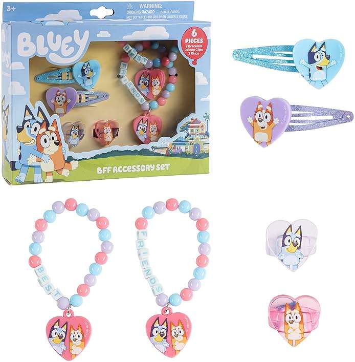 LUV HER Bluey Girls BFF 6 Piece Toy Jewelry Box Set with 2 Rings, 2 Bead Bracelets and Snap Hair Clips Ages 3+ - Image 2