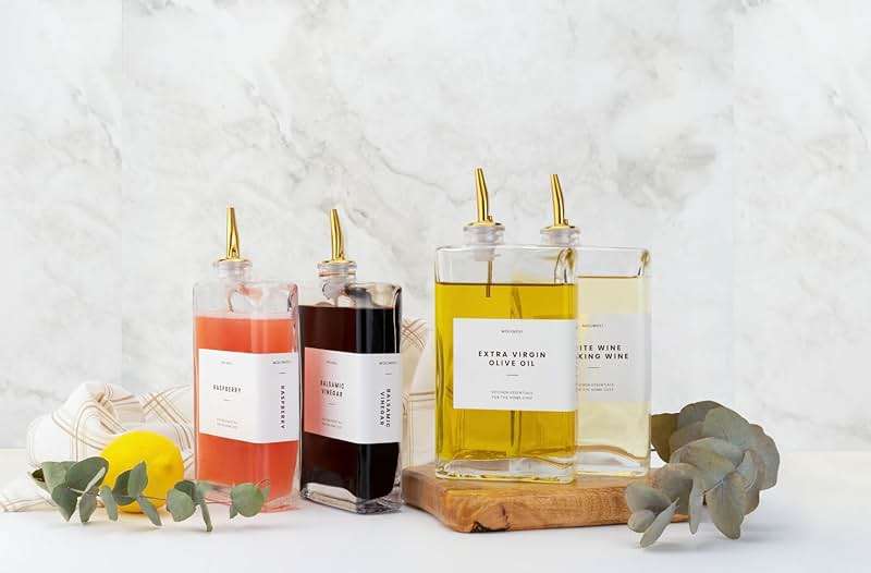 Molimoli Olive Oil Dispenser Bottle for Kitchen, Automatic Pourer, Glass Thin Bottle Dispenser for Kitchen, Olive Oil Cruet, | Set of 2 - Gold - Image 3