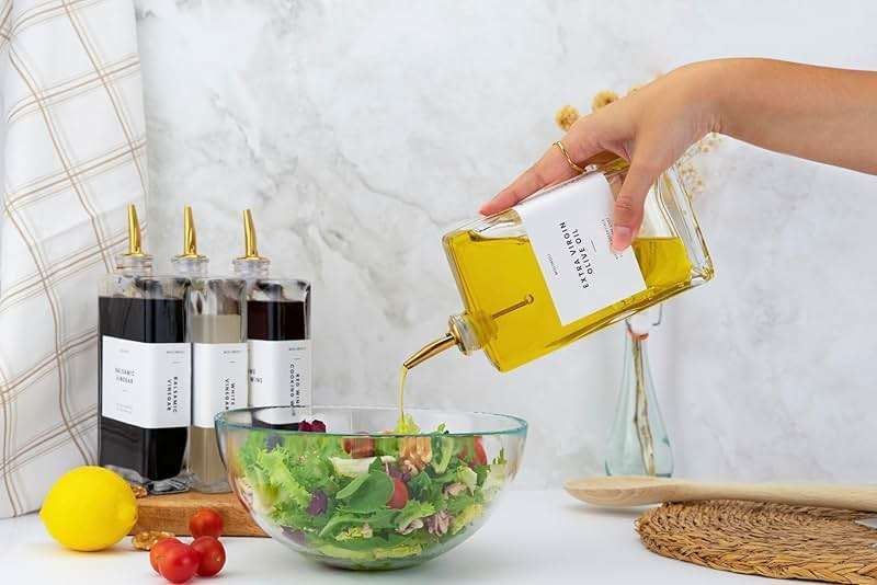 Molimoli Olive Oil Dispenser Bottle for Kitchen, Automatic Pourer, Glass Thin Bottle Dispenser for Kitchen, Olive Oil Cruet, | Set of 2 - Gold - Image 7