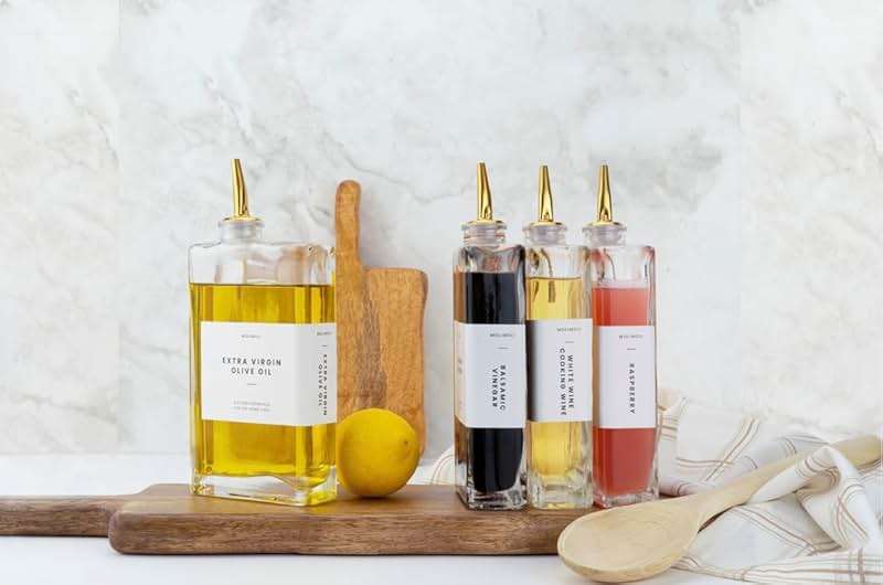 Molimoli Olive Oil Dispenser Bottle for Kitchen, Automatic Pourer, Glass Thin Bottle Dispenser for Kitchen, Olive Oil Cruet, | Set of 2 - Gold - Image 8