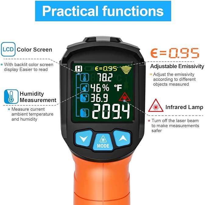 Infrared Thermometer Gun, Non Contact Digital Laser Thermometer Temperature Gun with Color LCD for Cooking, Home Repairs, Humidity Measurement, Adjustable Emissivity -58°F to 1472°F(-50~800°C) - Image 4