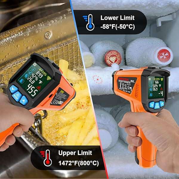 Infrared Thermometer Gun, Non Contact Digital Laser Thermometer Temperature Gun with Color LCD for Cooking, Home Repairs, Humidity Measurement, Adjustable Emissivity -58°F to 1472°F(-50~800°C) - Image 5