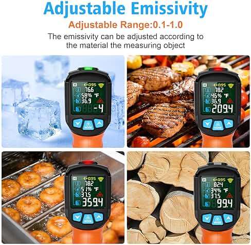 Infrared Thermometer Gun, Non Contact Digital Laser Thermometer Temperature Gun with Color LCD for Cooking, Home Repairs, Humidity Measurement, Adjustable Emissivity -58°F to 1472°F(-50~800°C) - Image 6