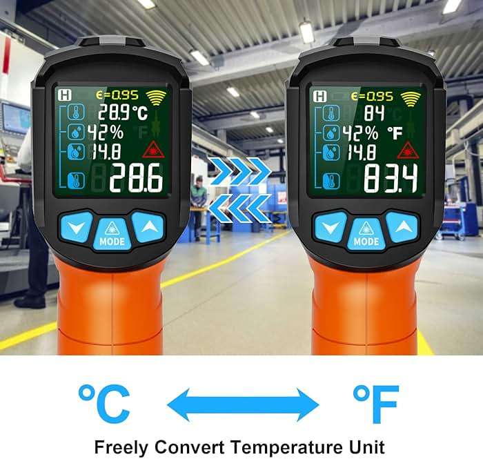 Infrared Thermometer Gun, Non Contact Digital Laser Thermometer Temperature Gun with Color LCD for Cooking, Home Repairs, Humidity Measurement, Adjustable Emissivity -58°F to 1472°F(-50~800°C) - Image 7