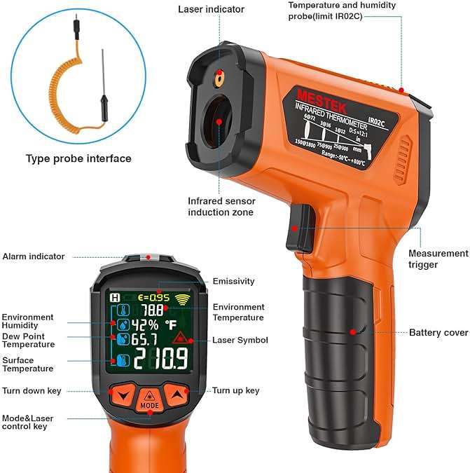 Infrared Thermometer Gun, Non Contact Digital Laser Thermometer Temperature Gun with Color LCD for Cooking, Home Repairs, Humidity Measurement, Adjustable Emissivity -58°F to 1472°F(-50~800°C) - Image 9