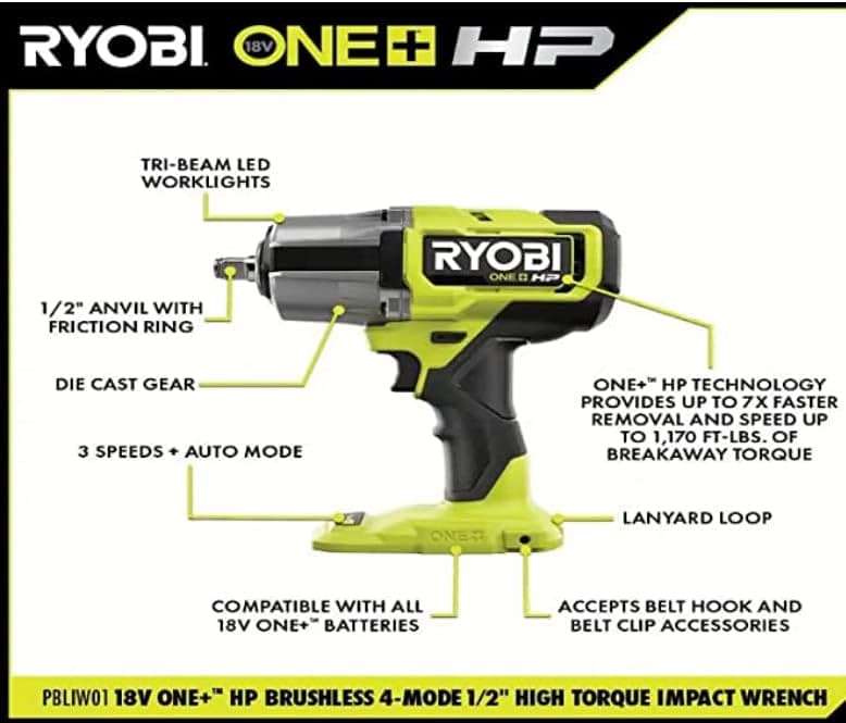 ONEAND HP 18V BRUSHLESS Cordless 4-Mode 1/2 in. HIGH Torque Impact Wrench Tool ONLY - Image 2