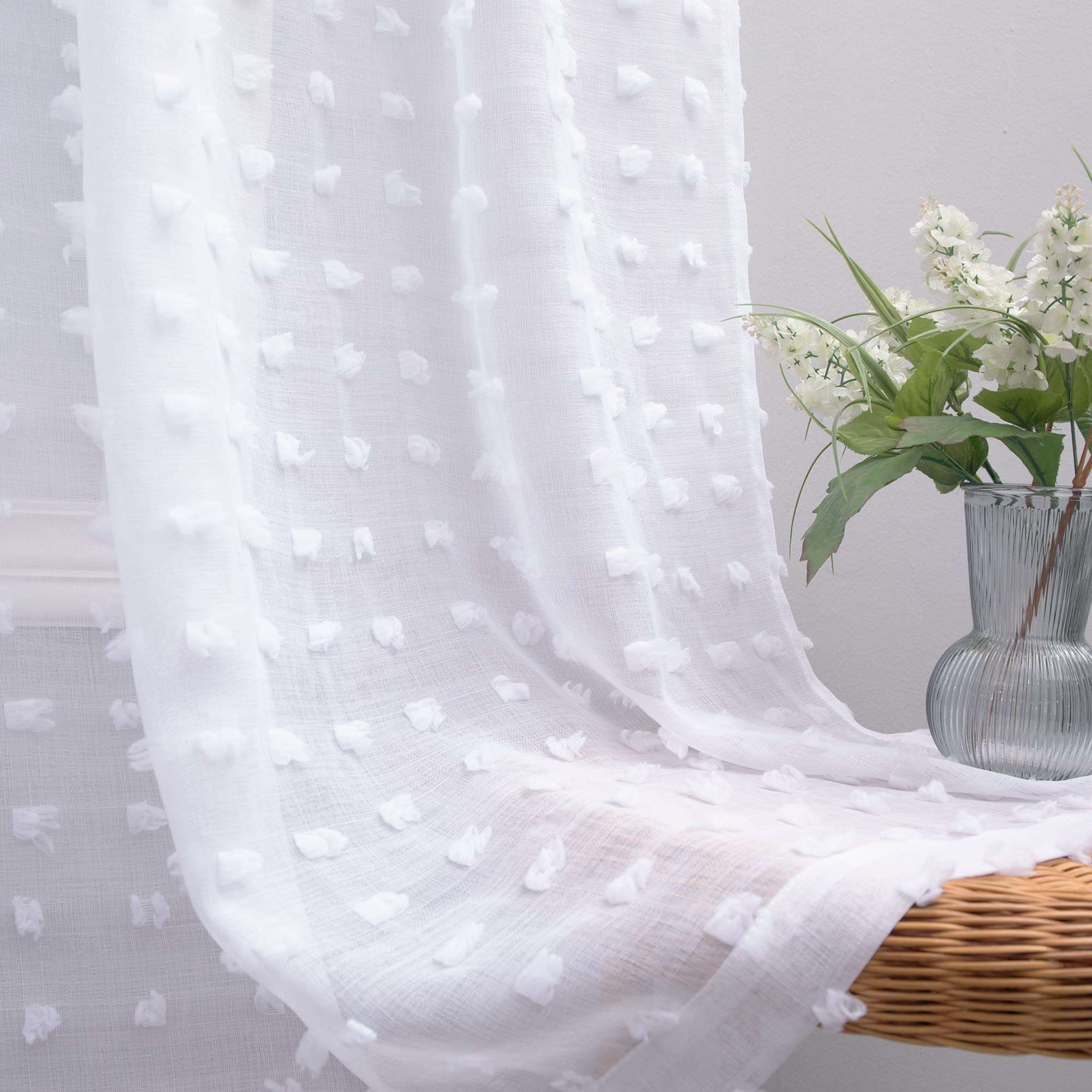 KOUFALL White Sheer Curtains 84 Inches Long for Bedroom 2 Panels Set,Pom Pom Textured Boho Shabby Chic Semi Privacy Ruffle Curtains for Living Room - Image 1