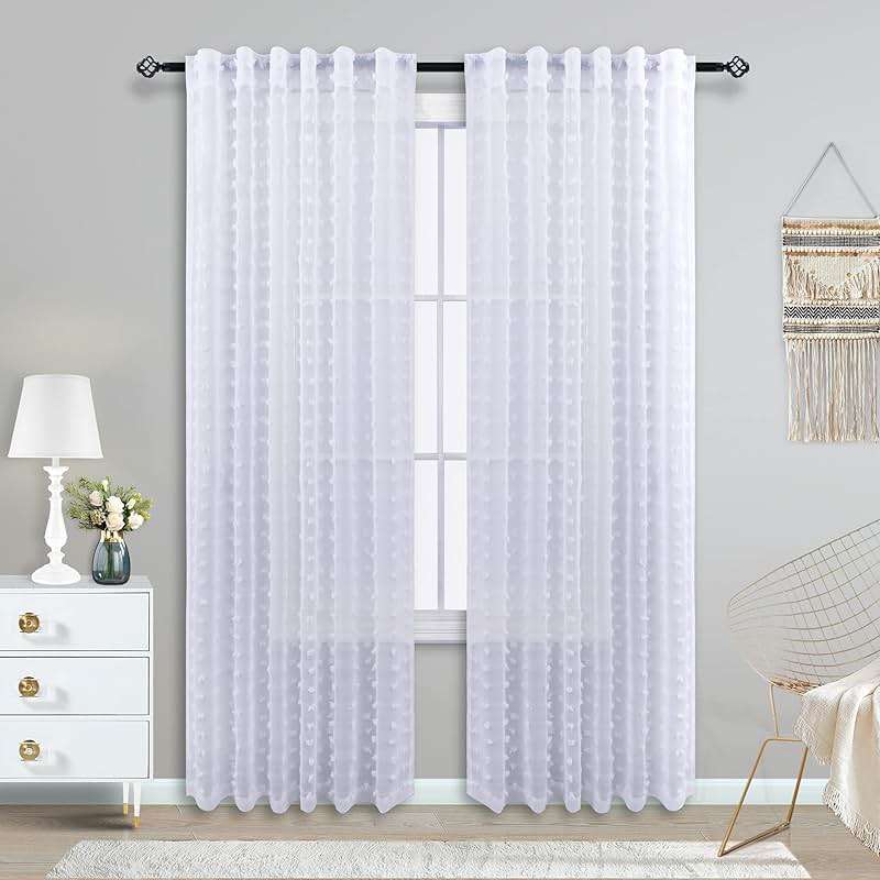 KOUFALL White Sheer Curtains 84 Inches Long for Bedroom 2 Panels Set,Pom Pom Textured Boho Shabby Chic Semi Privacy Ruffle Curtains for Living Room - Image 2