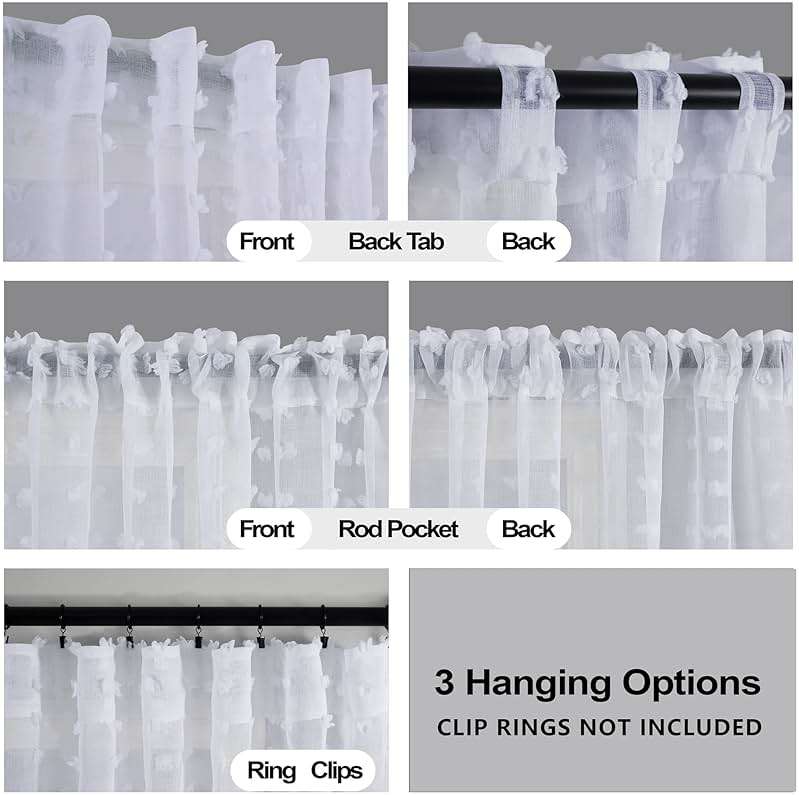 KOUFALL White Sheer Curtains 84 Inches Long for Bedroom 2 Panels Set,Pom Pom Textured Boho Shabby Chic Semi Privacy Ruffle Curtains for Living Room - Image 4