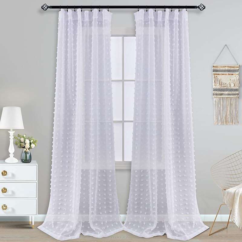 KOUFALL White Sheer Curtains 84 Inches Long for Bedroom 2 Panels Set,Pom Pom Textured Boho Shabby Chic Semi Privacy Ruffle Curtains for Living Room - Image 8