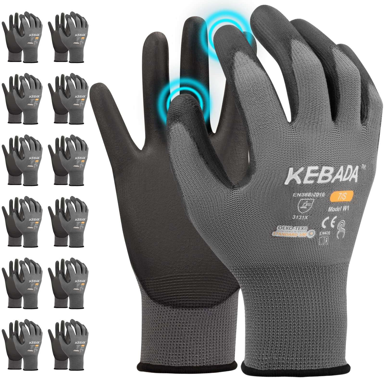 Kebada W1 Work Gloves for Men and Women, PU Coated Safety Gloves with Grip, Touchscreen, Ideal for Warehouse Package Handling, Construction, Gardening, 12 Pairs Gray Large - Image 1