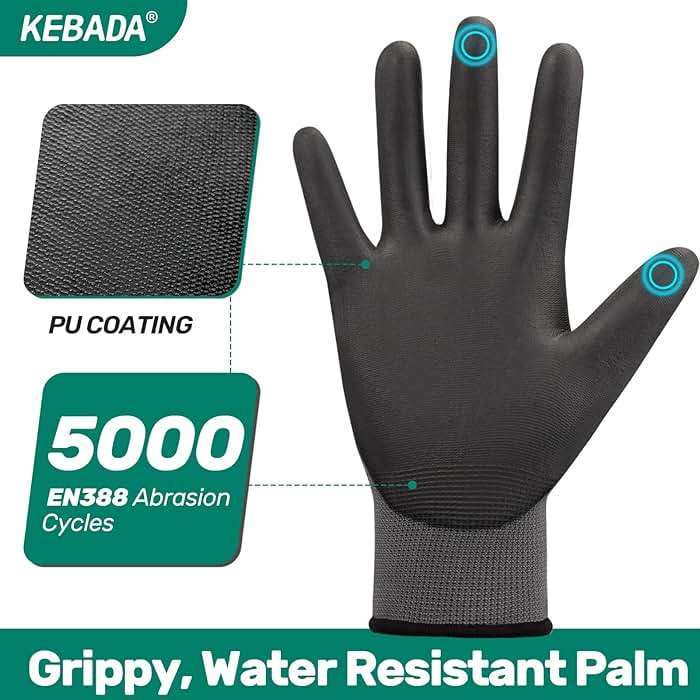 Kebada W1 Work Gloves for Men and Women, PU Coated Safety Gloves with Grip, Touchscreen, Ideal for Warehouse Package Handling, Construction, Gardening, 12 Pairs Gray Large - Image 2