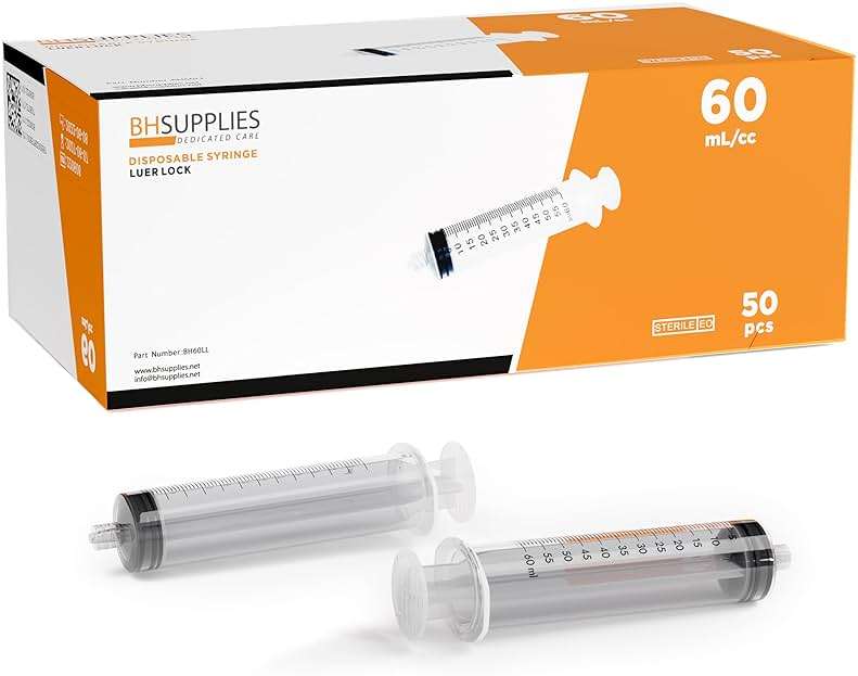 BH Supplies 60ml Luer Lock Tip Syringes (No Needle) - Sterile, Individually Wrapped - 50 Syringes - Image 1