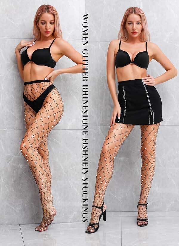 VEBZIN 2 Pack Sparkly Large And Medium Mesh Fishnet Tights For Women Glitter Rhinestone Fishnets Stockings - Image 2