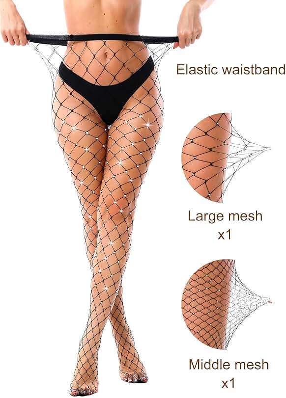 VEBZIN 2 Pack Sparkly Large And Medium Mesh Fishnet Tights For Women Glitter Rhinestone Fishnets Stockings - Image 3