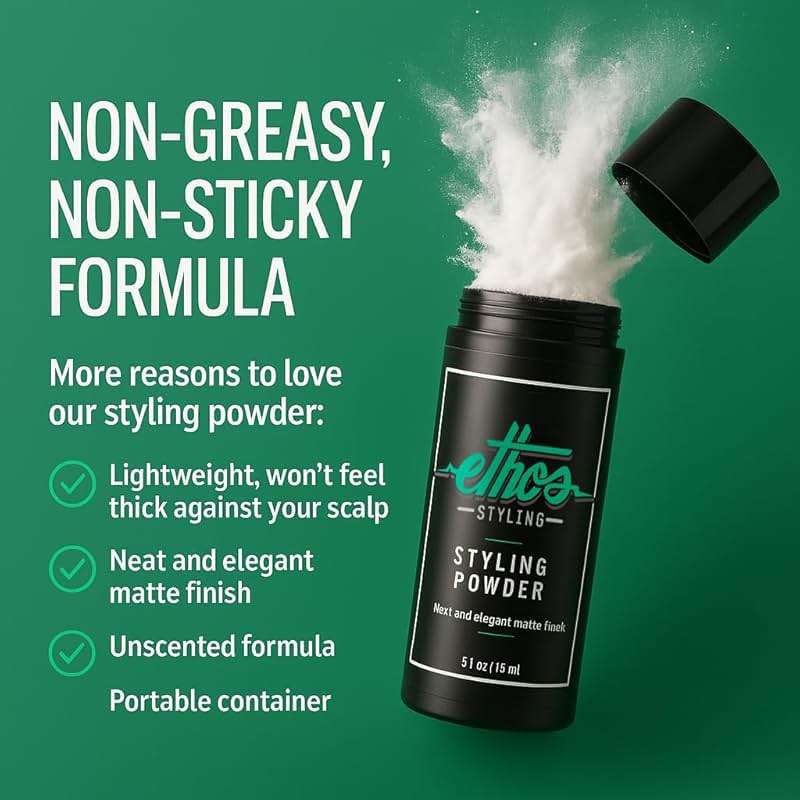 Ethos Styling Texture Powder - Texturizing & Mattifying Hair Powder for Men - Grooming, Volumizing & Hair Styling Products for Extra Volume, Control & Strong All-Day Grip - Matte, Wavy Finish - 20g - Image 2