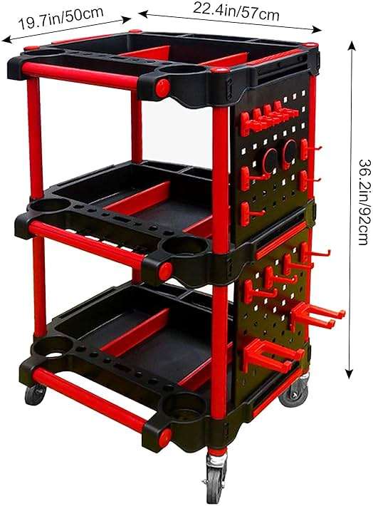 Car Detailing Cart with Wheels – 3-Tier Heavy-Duty Mobile Utility Organizer for Car Wash & Auto Repairs – Adjustable Side Trays, Tool Hooks – Workshop Storage for Mechanics & Detailers - Image 2