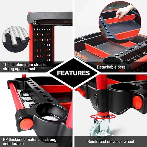 Car Detailing Cart with Wheels – 3-Tier Heavy-Duty Mobile Utility Organizer for Car Wash & Auto Repairs – Adjustable Side Trays, Tool Hooks – Workshop Storage for Mechanics & Detailers - Image 3