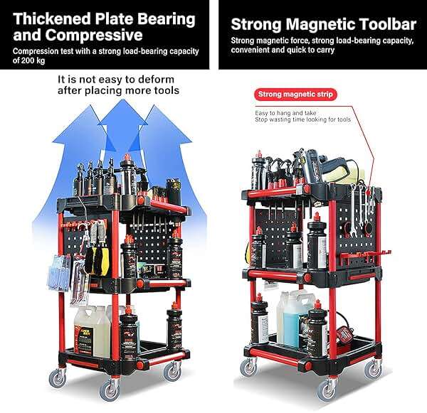 Car Detailing Cart with Wheels – 3-Tier Heavy-Duty Mobile Utility Organizer for Car Wash & Auto Repairs – Adjustable Side Trays, Tool Hooks – Workshop Storage for Mechanics & Detailers - Image 4