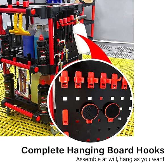 Car Detailing Cart with Wheels – 3-Tier Heavy-Duty Mobile Utility Organizer for Car Wash & Auto Repairs – Adjustable Side Trays, Tool Hooks – Workshop Storage for Mechanics & Detailers - Image 5