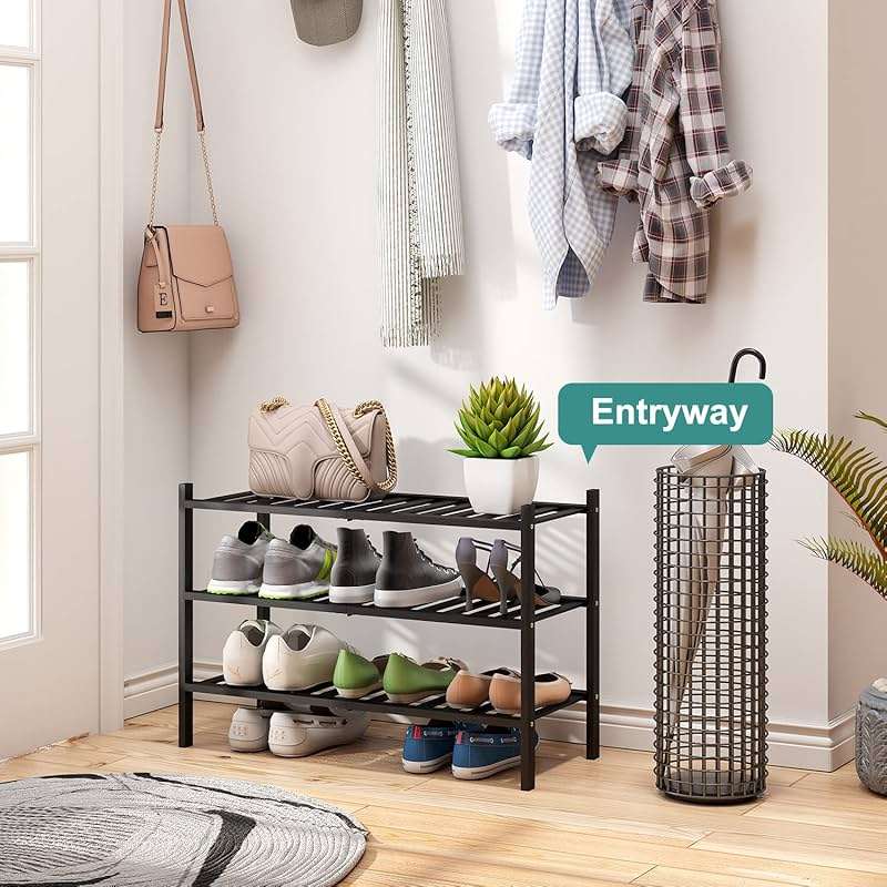 viewcare 3-Tier Black Bamboo Shoe Rack for Entryway, Stackable | Foldable | Natural, Shoe Shelf Storage Organizer for Hallway Closet, Free Standing Shoe Racks for Indoor Outdoor - Image 5