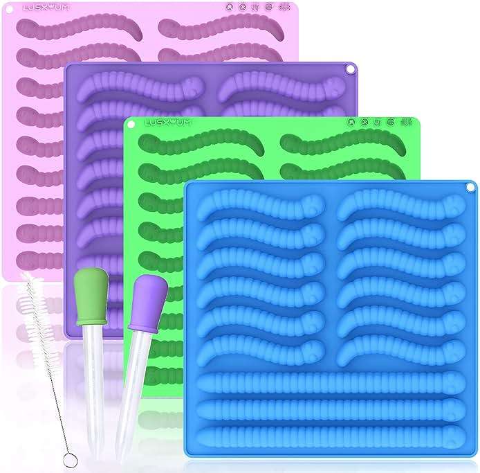 LUSHYUM Gummy Worm Molds Silicone 6ML 14ML, 4PCS Non-Stick Silicone Large Worm Molds for Chocolate Gummy Candy 60 Cavity with 2 Droppers & Brush, Ideal Gift for Kids Adult Halloween Party - Image 1