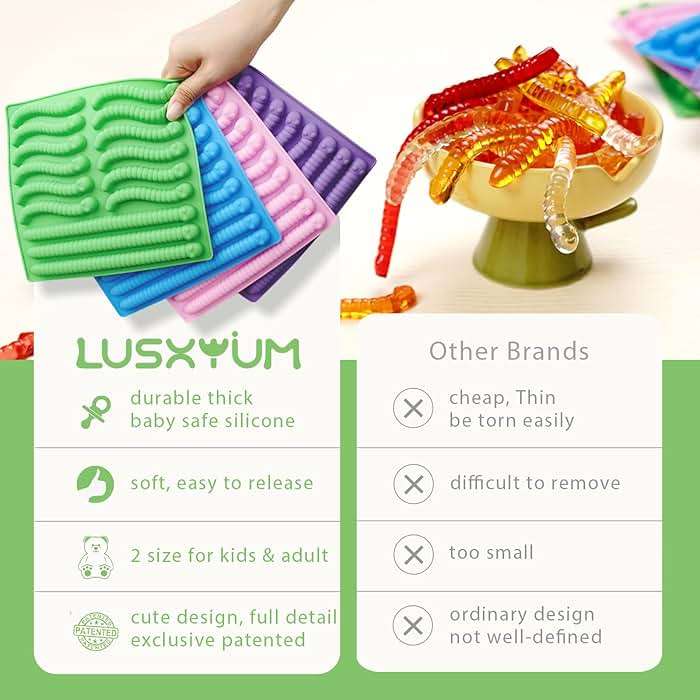 LUSHYUM Gummy Worm Molds Silicone 6ML 14ML, 4PCS Non-Stick Silicone Large Worm Molds for Chocolate Gummy Candy 60 Cavity with 2 Droppers & Brush, Ideal Gift for Kids Adult Halloween Party - Image 4