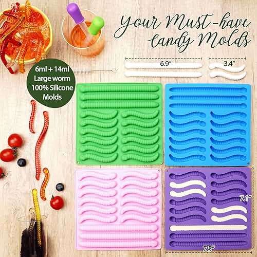 LUSHYUM Gummy Worm Molds Silicone 6ML 14ML, 4PCS Non-Stick Silicone Large Worm Molds for Chocolate Gummy Candy 60 Cavity with 2 Droppers & Brush, Ideal Gift for Kids Adult Halloween Party - Image 6