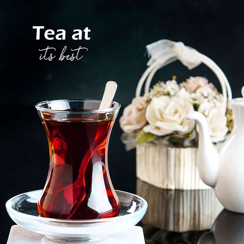 19 Pieces Turkish Tea Glasses Set Includes; 6 Glasses, Tea Cups (4.5 oz), 6 Saucers, 6 Stainless Steel Spoons and Sugar Bowl with Glass Cover (8.6 oz) - Image 2