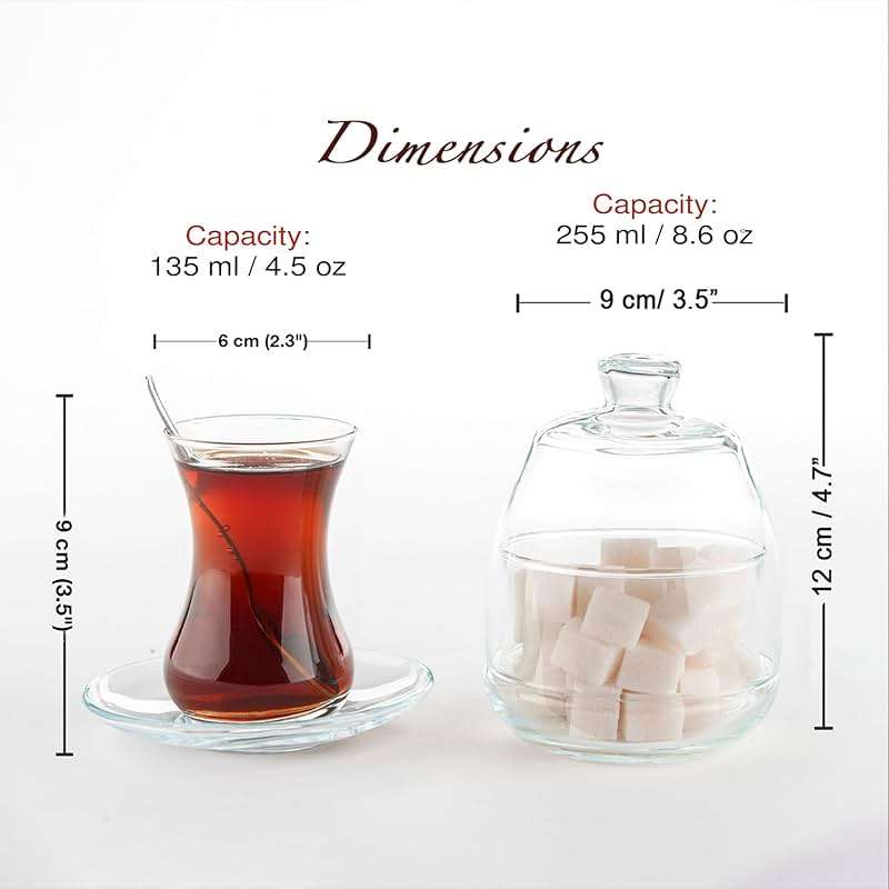 19 Pieces Turkish Tea Glasses Set Includes; 6 Glasses, Tea Cups (4.5 oz), 6 Saucers, 6 Stainless Steel Spoons and Sugar Bowl with Glass Cover (8.6 oz) - Image 3