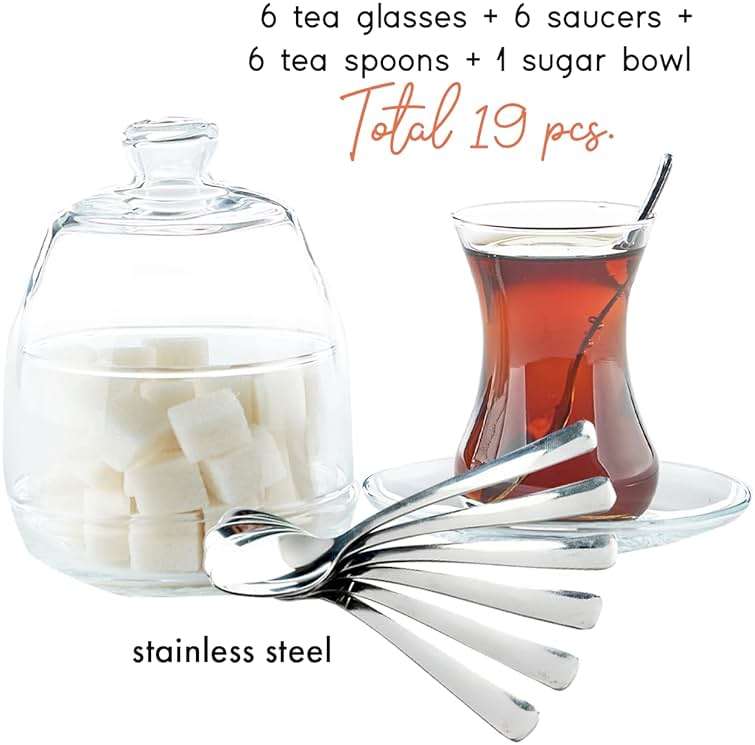 19 Pieces Turkish Tea Glasses Set Includes; 6 Glasses, Tea Cups (4.5 oz), 6 Saucers, 6 Stainless Steel Spoons and Sugar Bowl with Glass Cover (8.6 oz) - Image 4