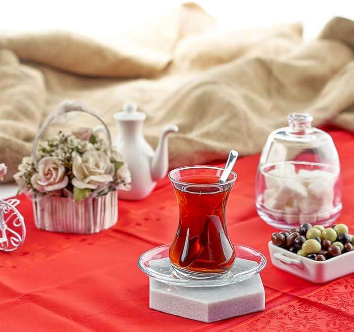 19 Pieces Turkish Tea Glasses Set Includes; 6 Glasses, Tea Cups (4.5 oz), 6 Saucers, 6 Stainless Steel Spoons and Sugar Bowl with Glass Cover (8.6 oz) - Image 5