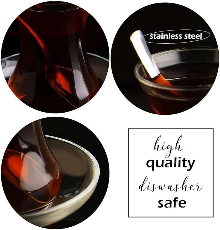 19 Pieces Turkish Tea Glasses Set Includes; 6 Glasses, Tea Cups (4.5 oz), 6 Saucers, 6 Stainless Steel Spoons and Sugar Bowl with Glass Cover (8.6 oz) - Image 6