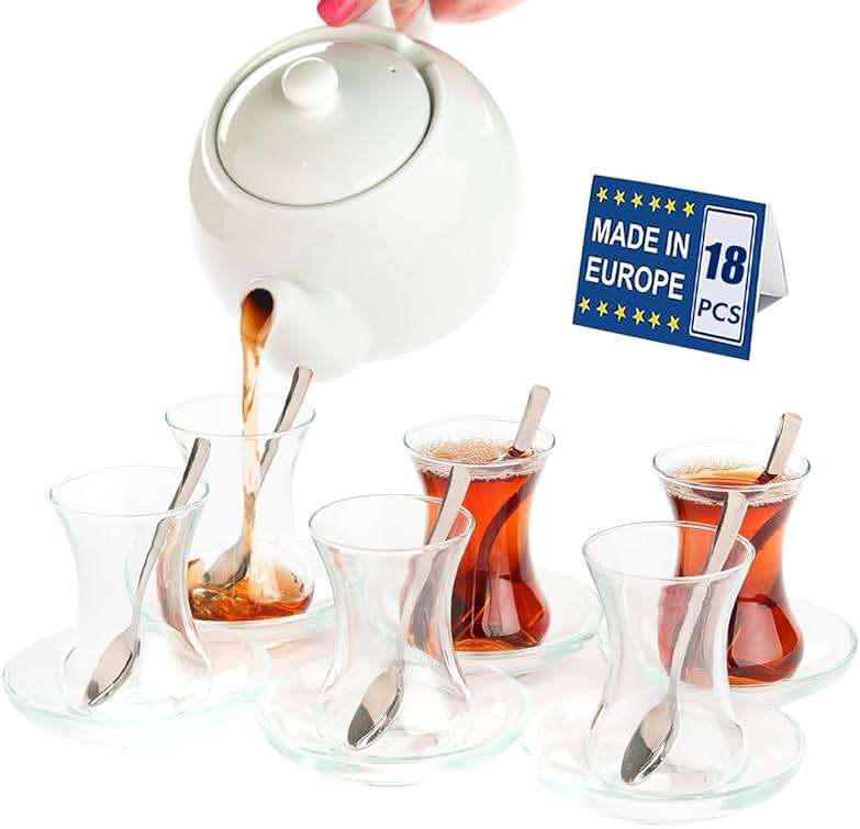 19 Pieces Turkish Tea Glasses Set Includes; 6 Glasses, Tea Cups (4.5 oz), 6 Saucers, 6 Stainless Steel Spoons and Sugar Bowl with Glass Cover (8.6 oz) - Image 8