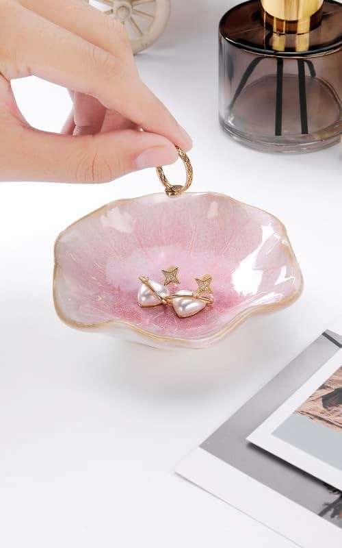 JAMEND CLXP Lotus Leaf Shape Decorative Ring Tray, Small Key Bowl, Ceramic Trinket Tray Jewelry Dish Organizing Necklace Earrings, Home Decoration for Mom Best Friend Sister, Pink. - Image 4