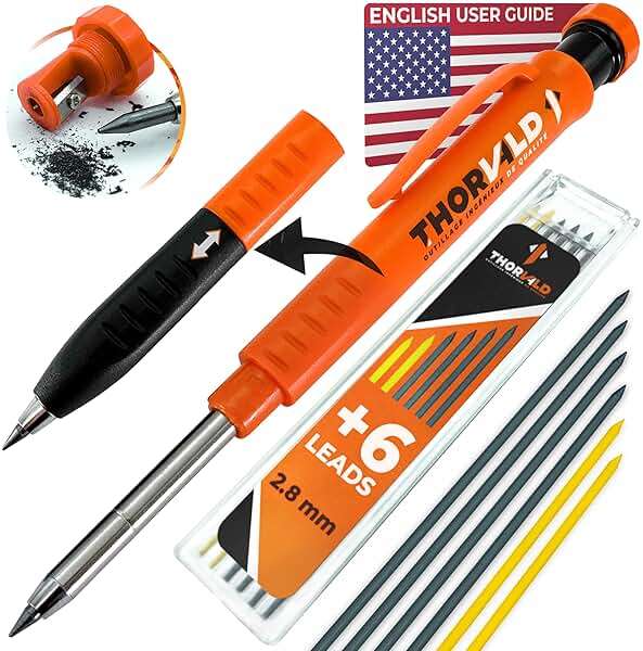 THORVALD New 3-in-1 Carpenter Pencils with Finger Grip for Construction - Incl. 7 Leads + Sharpener - Solid Mechanical Pencils with Fine Point/Best Marking tools Construction/Carpenters/Scriber - Image 1