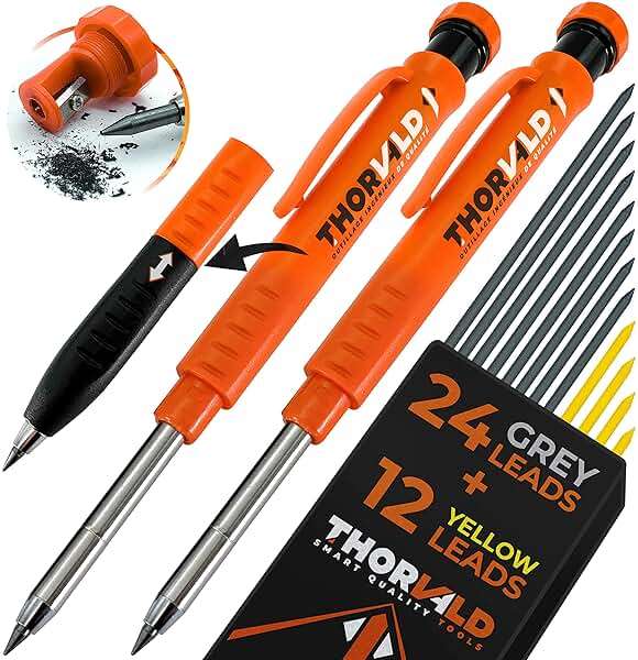 THORVALD 2 Carpenter Pencils Set for Construction - Incl. 38 Leads + Sharpener + Finger Grip - Solid Mechanical Pencils with Fine Point/Best Marking tools Construction/Carpenters/Scriber - Image 1